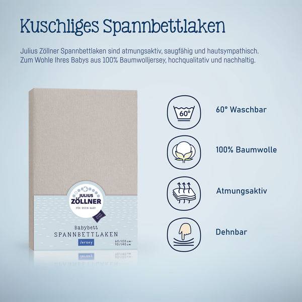 Julius Zöllner Jersey Spannbettlaken für Babymatratzen 60x120 bis 70x140cm, Taupe Letzte 3 Tage
