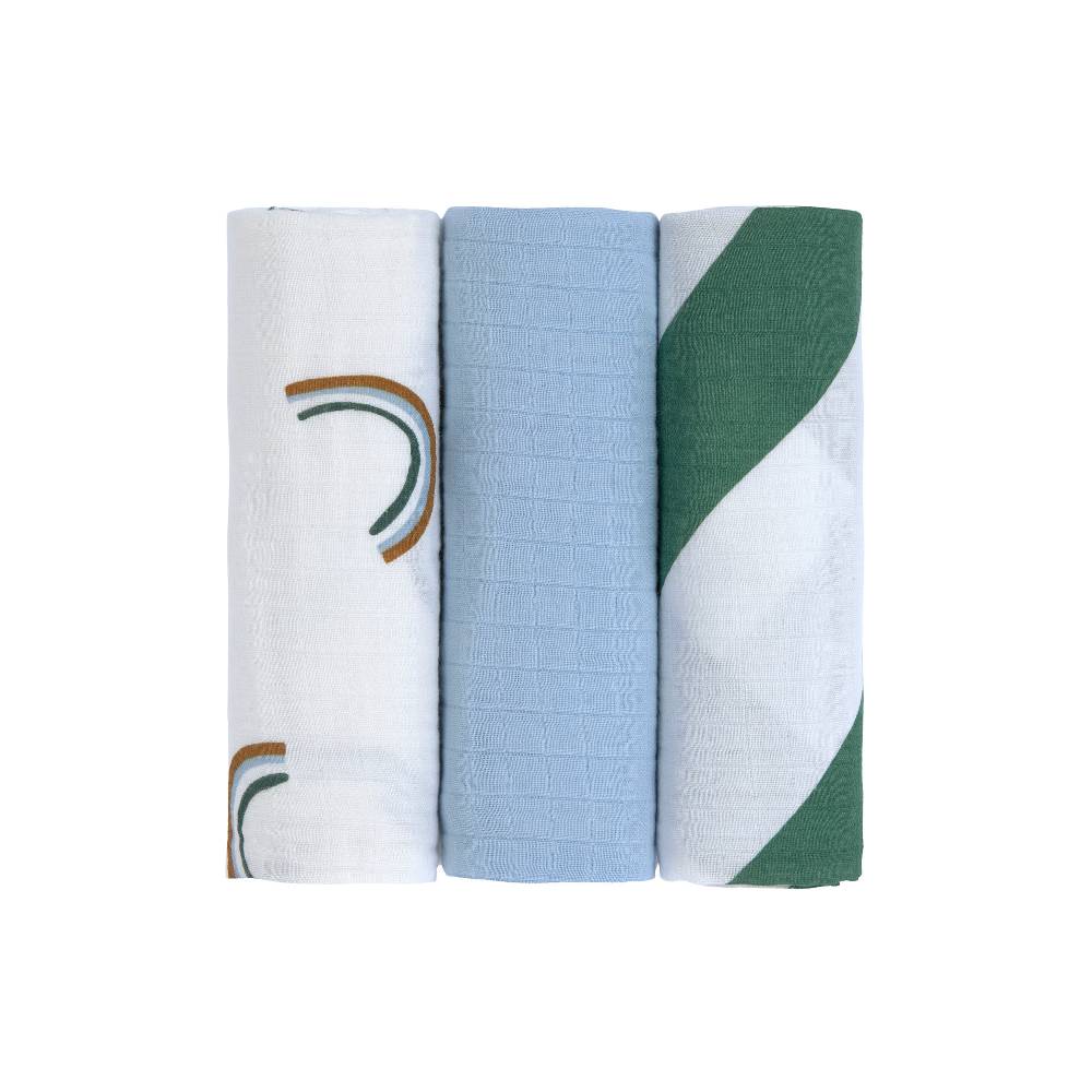 Lässig Mulltücher 3er Set 85 x 85 - Bio Baumwolle, Happy Rascals, Himmelblau Schlussverkauf