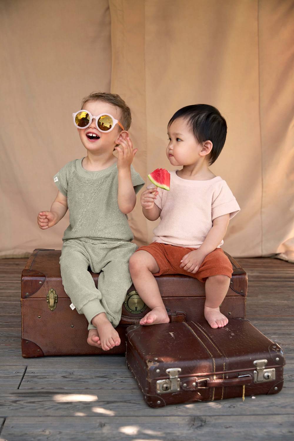 Lässig Frottee T-Shirt Kinder, Oliv Riesige Rabatte
