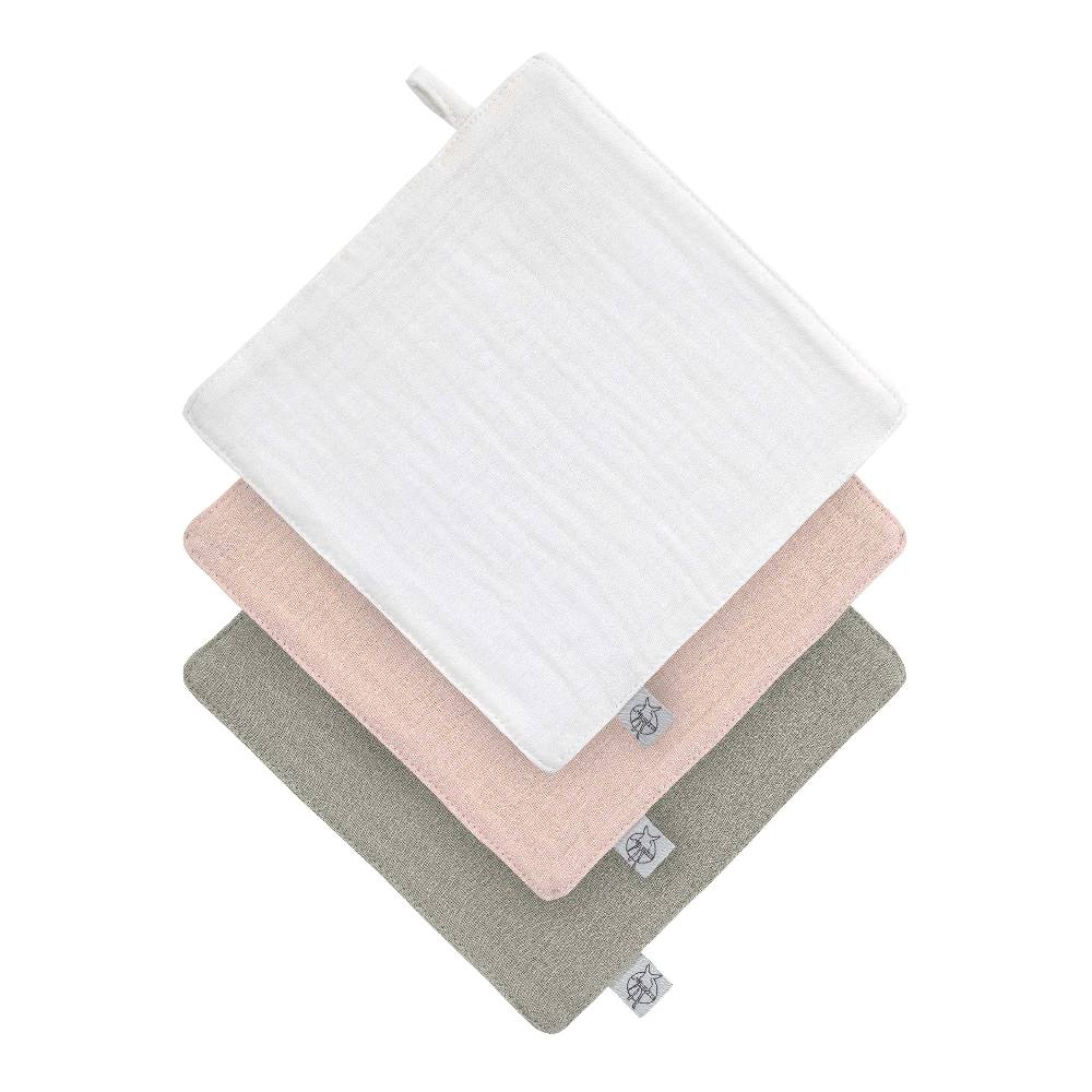 Lässig Mull Waschlappen Baby 3er Set, Weiß Rosa Oliv