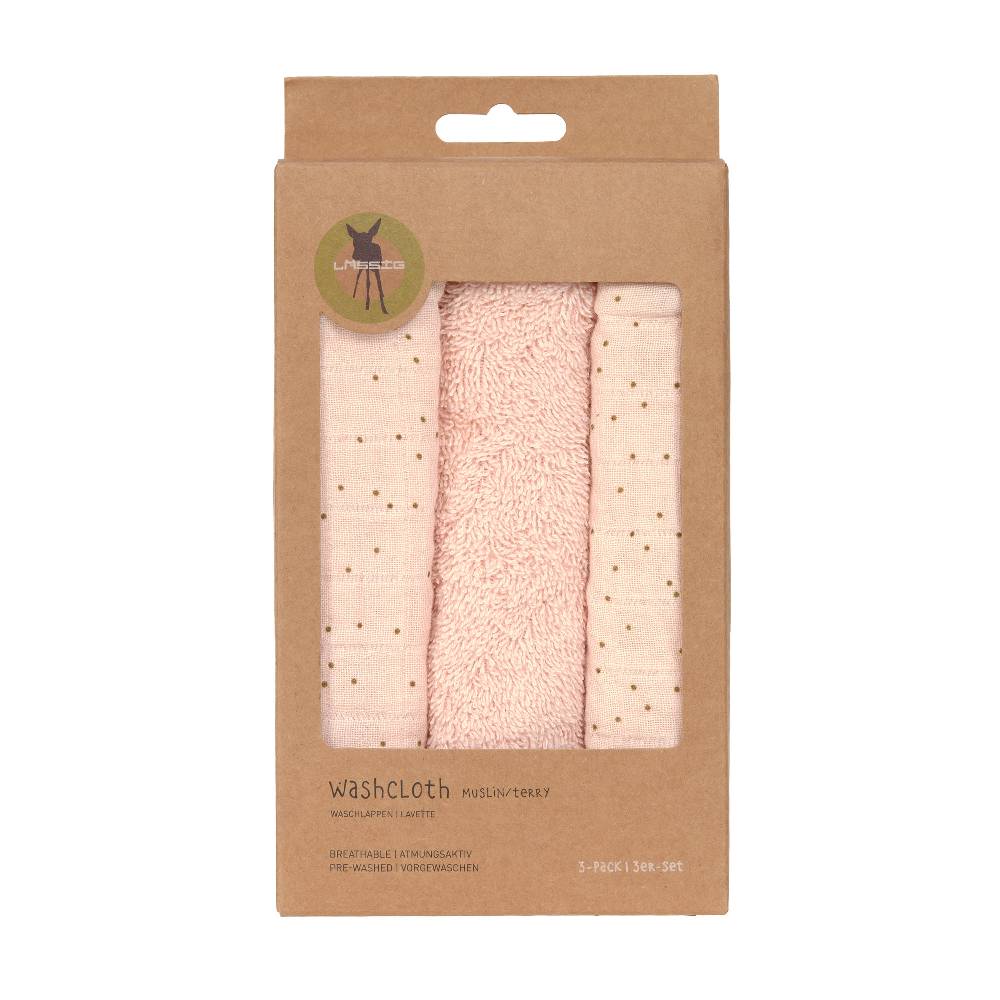 Lässig Musselin Waschlappen Baby 3er Set - Punkte, Rosa Fabrikverkauf