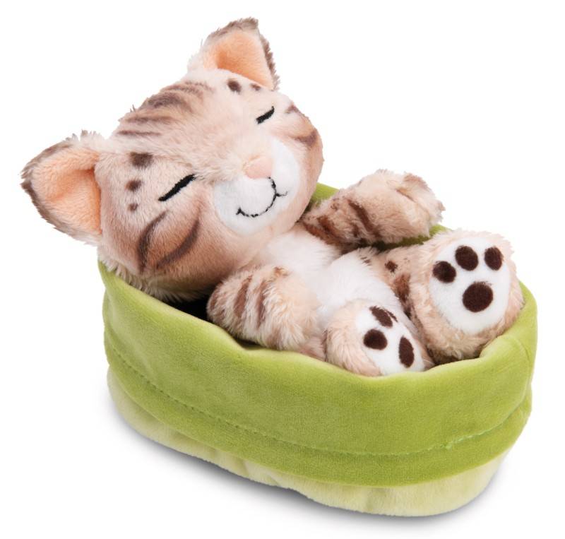 NICI Kuscheltier Sleeping Pets Bengal Katze 12cm im hellgrünen Körbchen NICI GREEN Blitzverkäufe