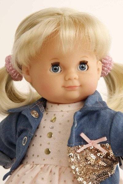 Schildkröt Manufaktur Puppe Schlummerle 32 cm blonde Haare, blaue Schlafaugen, Sommerkleid rose/bleu Zeitlich begrenztes Angebot