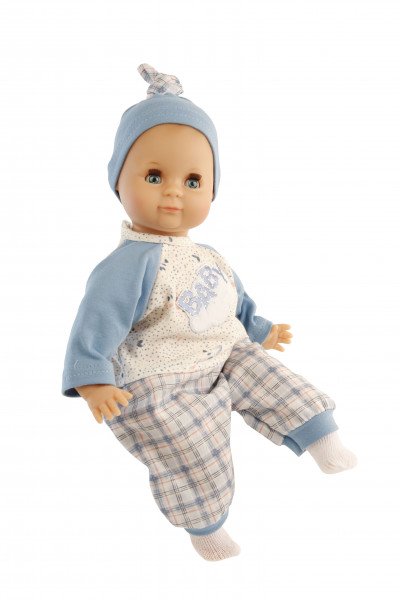 Schildkröt Manufaktur Kleidung zu Puppe Schlummerle 32 cm, Karohose, Pullover+Mütze blau/weiss/rot Fabrikladen