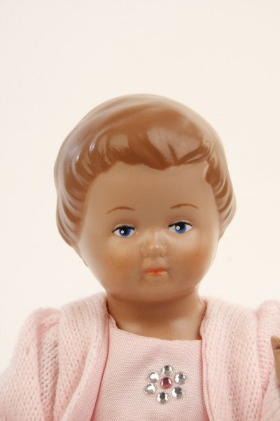 Schildkröt Manufaktur Puppe Ursel 18 cm von 1954 braune Malhaare, Sommerkleid rose Exklusivangebot
