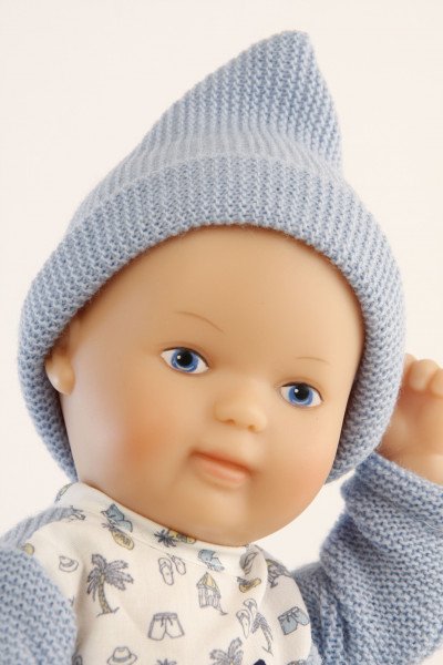 Schildkröt Manufaktur Puppe Mein 1. Baby 28 cm mit Malhaar und blauen Malaugen, Overall blau/weiß Strick Verkauf
