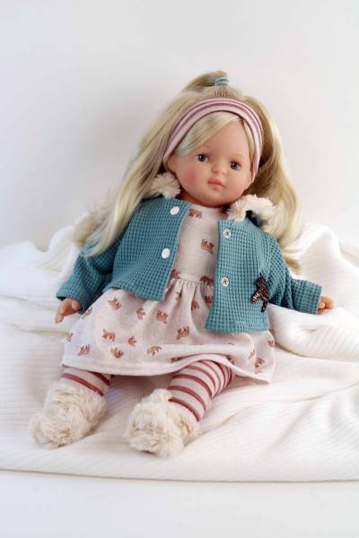 Schildkröt Manufaktur Puppe Strampelchen 37 blonde Haare, braune Malaugen, Winterkleidung rose/petrol Günstiger Verkauf