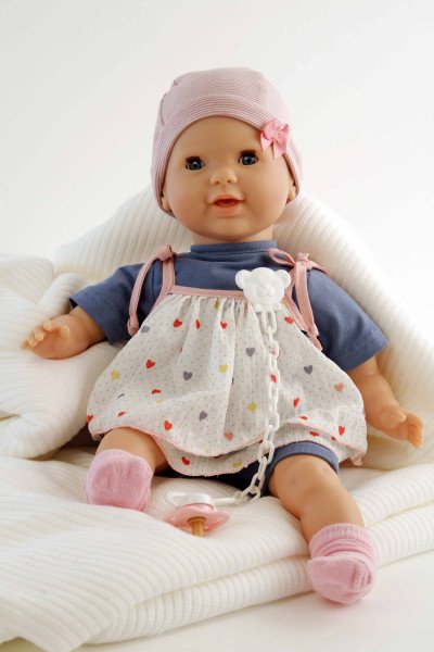 Schildkröt Manufaktur Schnullerbaby Lenchen 37 cm, Malhaar, blaue Schlafaugen, Kleidung blau/weiss/rose Lagerräumung