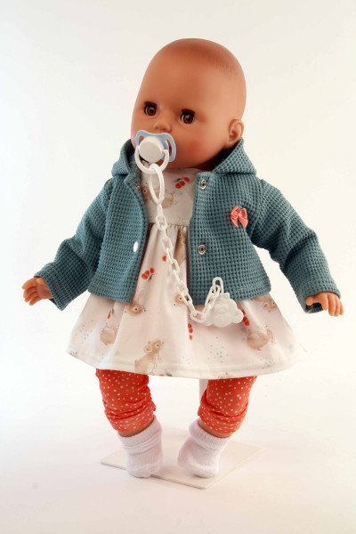 Schildkröt Manufaktur Baby Amy 45 cm mit Schnuller, Malhaar, braune Schlafaugen, Mäuschenkleidung Kauf eins, bekomm eins gratis