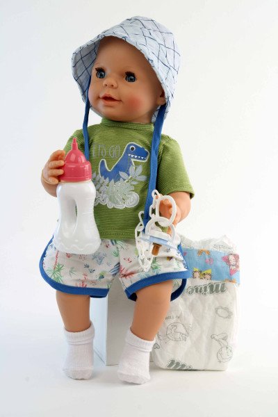 Schildkröt Manufaktur Trink + Näßbaby "Finn" 40 cm mit Malhaar und blauen Schlafaugen, Kleidung g weiss/grün/blau Limitierter Zeitrabatt