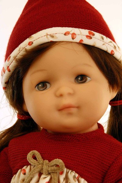 Schildkröt Manufaktur Puppe Strampelchen 37 braune Haare, braune Malaugen, Kleidung weiß/rot/beige Black Friday