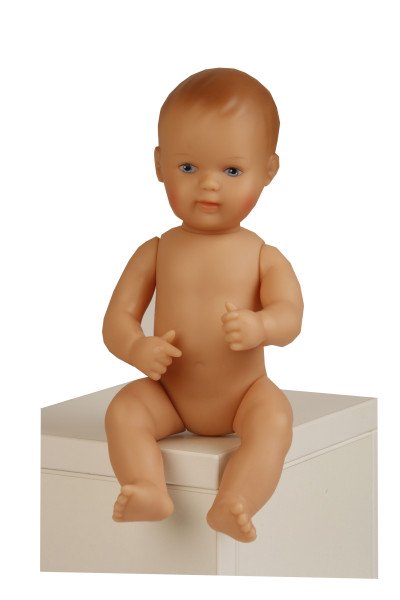 Schildkröt Manufaktur Puppe Mein 1. Baby 28 cm mit Malhaar und blauen Malaugen, Wichtelkleidung blau/braun Exklusive Angebote
