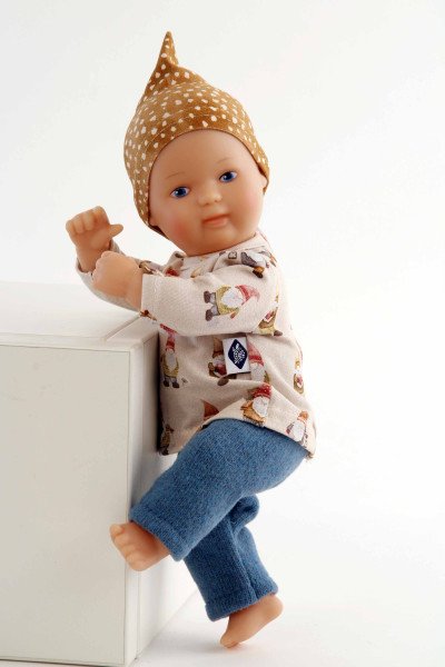 Schildkröt Manufaktur Puppe Mein 1. Baby 28 cm mit Malhaar und blauen Malaugen, Wichtelkleidung blau/braun Exklusive Angebote