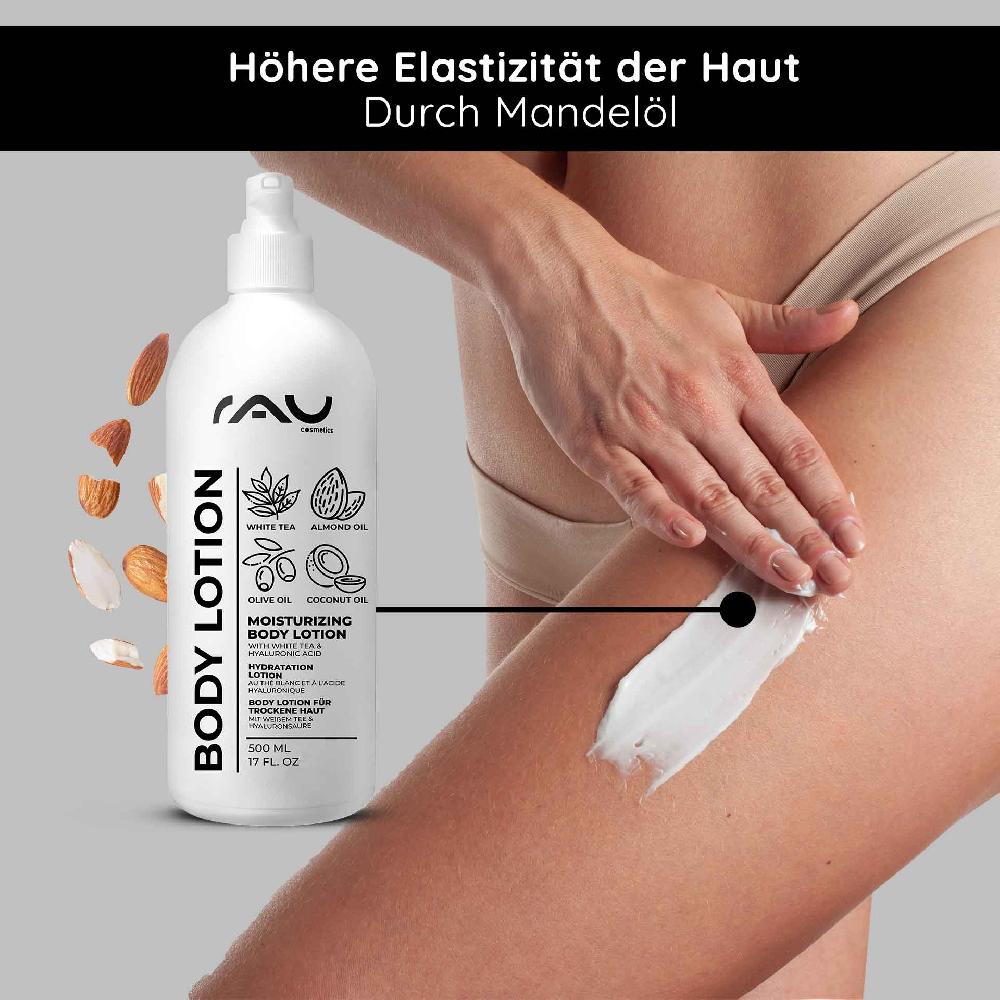 Rau Cosmetics White Tea Bodylotion für trockene Haut 500 ml mit Hyaluron Weißer Tee Urea Black Friday Preise