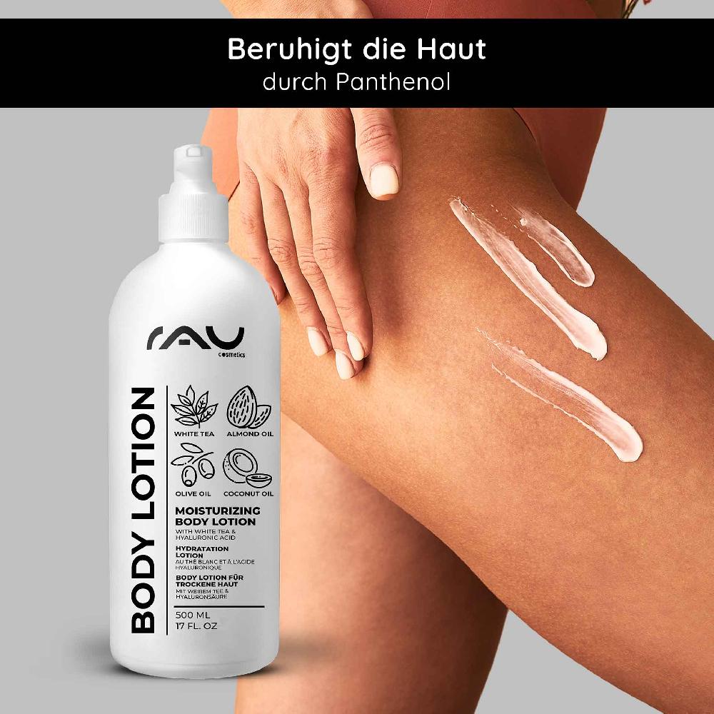 Rau Cosmetics White Tea Bodylotion für trockene Haut 500 ml mit Hyaluron Weißer Tee Urea Black Friday Preise